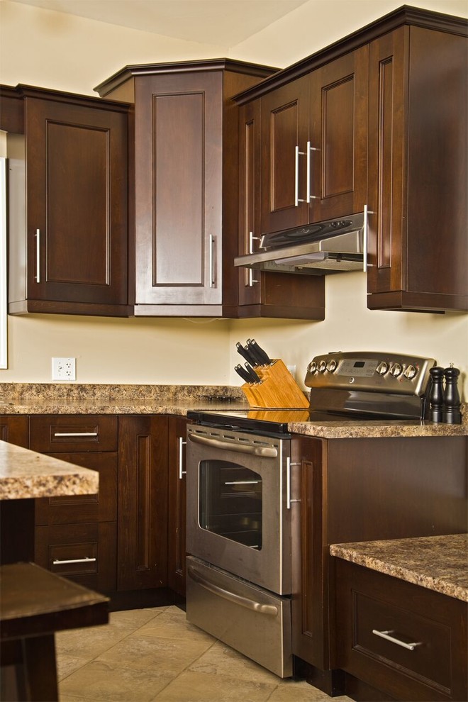 Example of a transitional ceramic tile kitchen design in Toronto with shaker cabinets, medium tone wood cabinets, granite countertops, stainless steel appliances and an island