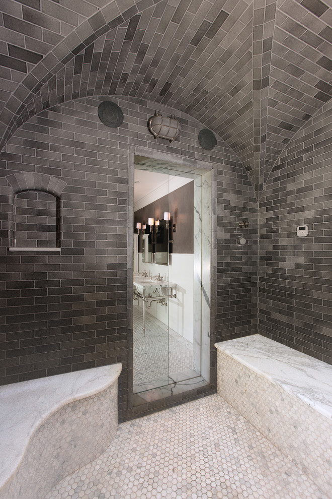 This is an example of a mid-sized contemporary master bathroom in Other with an open shower, white tile, ceramic tile, white walls, marble floors and marble benchtops.