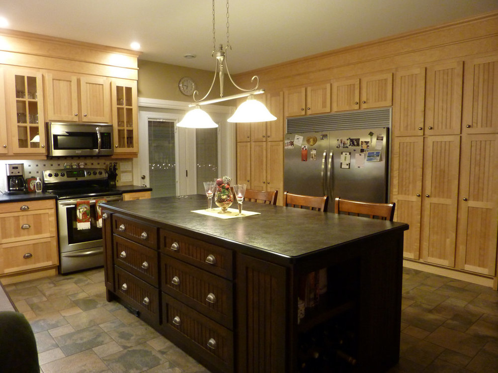 Inspiration for a mid-sized transitional u-shaped ceramic tile and gray floor open concept kitchen remodel with shaker cabinets, light wood cabinets, laminate countertops, white backsplash, ceramic backsplash, stainless steel appliances, an island and white countertops
