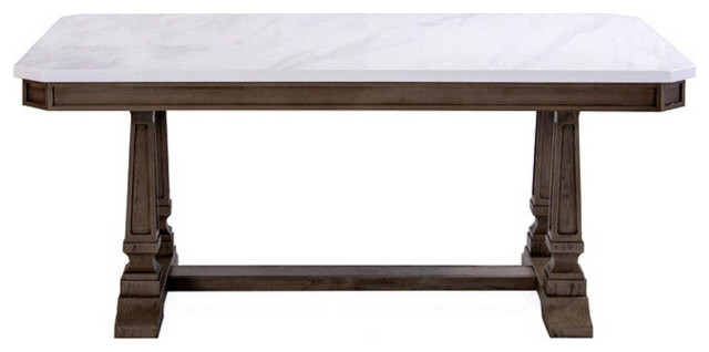 Benzara BM250677 Dining Table With Marble Top and Trestle Base, White ...