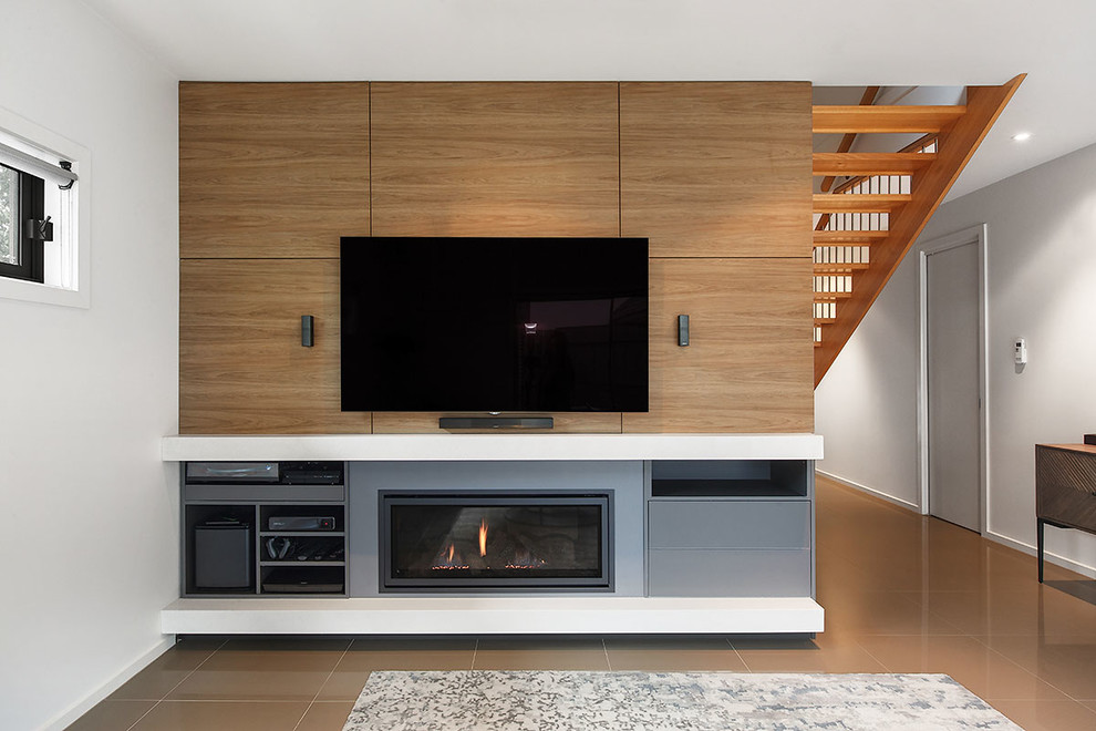 Design ideas for a contemporary living room in Melbourne with a ribbon fireplace and a wall mounted tv.