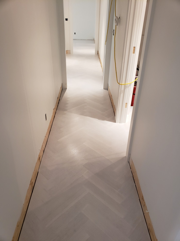 Idéer för en mellanstor modern hall, med ljust trägolv och vitt golv