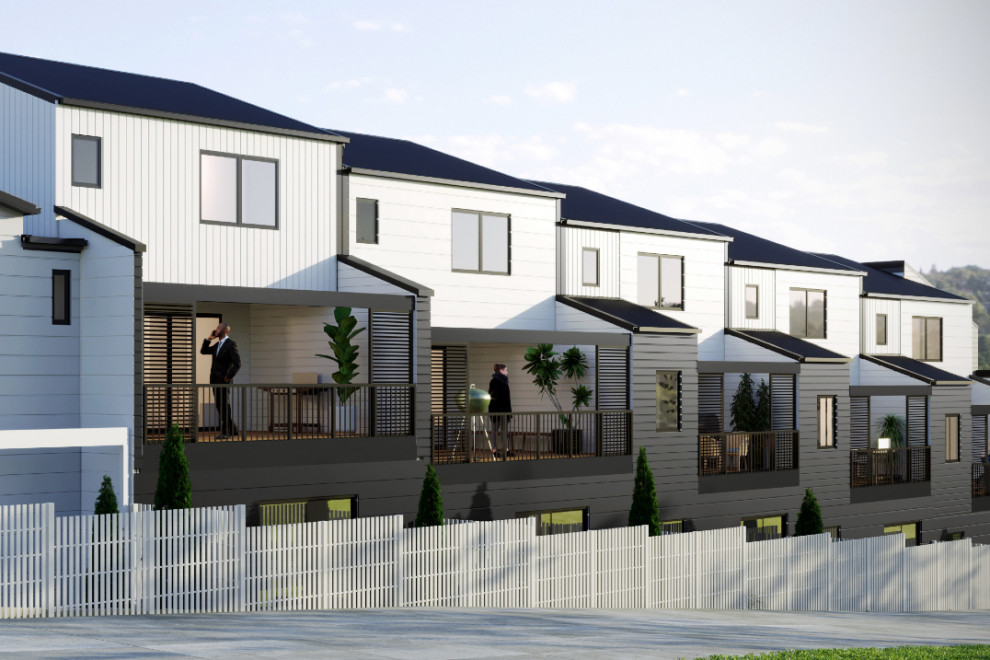 Design ideas for a Small contemporary Three-storey White townhouse exterior in Auckland With Mixed Siding, a Gable Roof, a Metal Roof and a Black Roof.