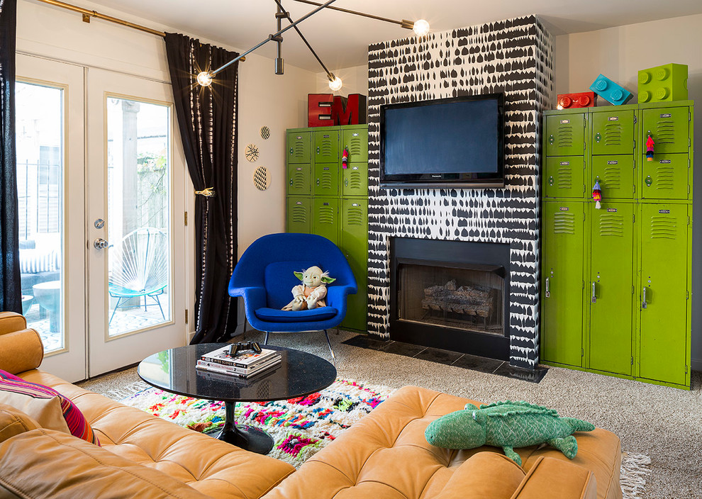 Photo of a mid-sized eclectic gender-neutral kids' room in Chicago with white walls, carpet and beige floor.