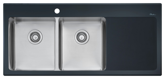 double bowl sink mounted tempered black glass rim with drainer on right side contemporary kitchen - Oliveri Undermount Kitchen Sinks double bowl sink mounted tempered black glass rim with drainer on right side contemporary kitchen - Oliveri Undermount Kitchen Sinks