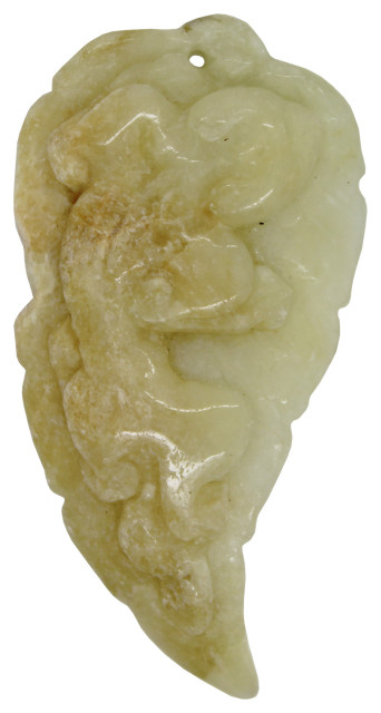 Hand Carved Chinese Natural Jade Pixiu On Leaf Pendant Fengshui Figure