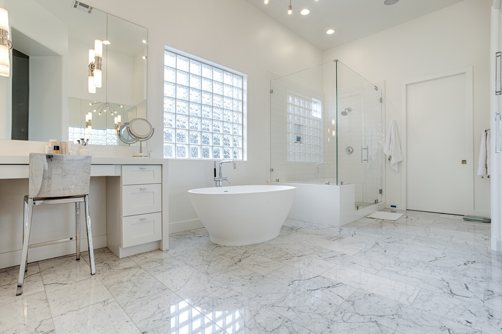 Bathroom - large transitional master black and white tile bathroom idea in Phoenix with shaker cabinets and white cabinets