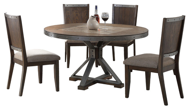 Dark Oak With Marble Center Top 5 Piece, Dark Oak Round Dining Table And Chairs