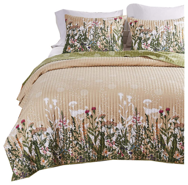 Greenland Dandelion Reversible Quilt/Pillow Sham Set Taupe 2Piece Twin