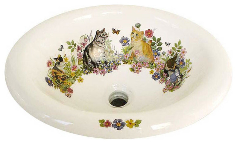 Cats in the Garden Drop-in Painted Sink, White