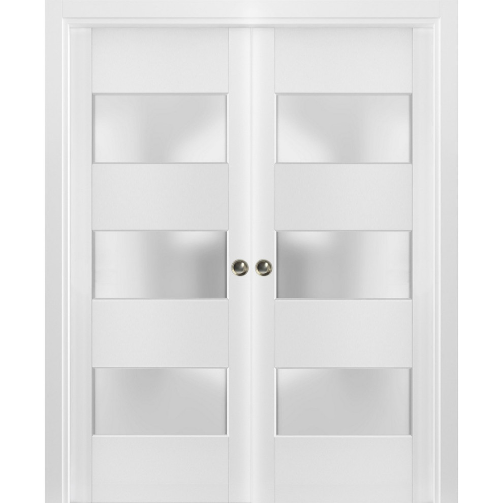 Double Pocket Doors Frosted Glass 3 Lites, Lucia 4070 White Silk, 56