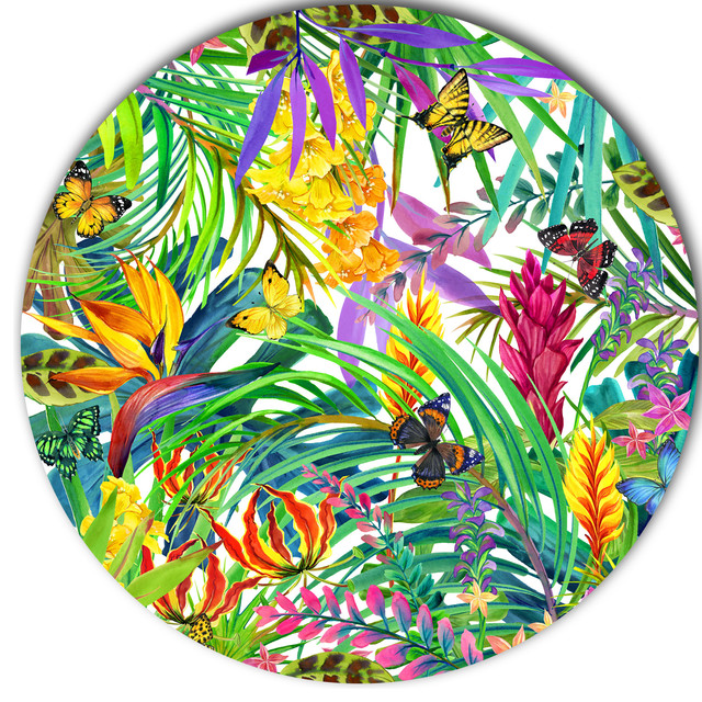 Tropical Leaves And Flowers Floral Large Disc Metal Wall Art Tropical Metal Wall Art By 