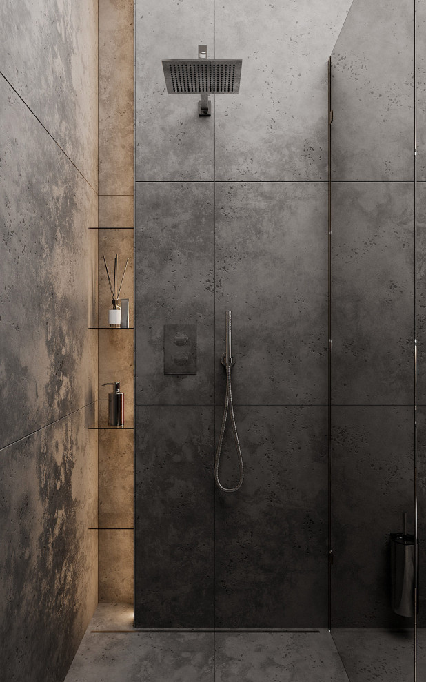 Idéer för ett mellanstort modernt en-suite badrum, med en öppen dusch, porslinskakel, klinkergolv i porslin och svart golv