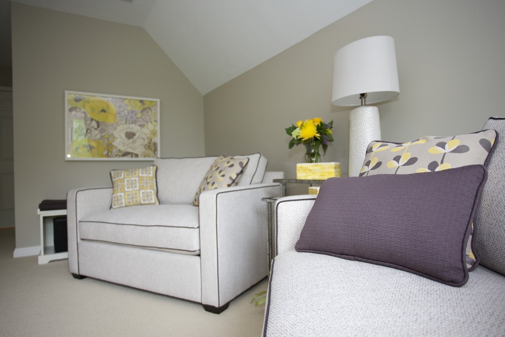 This is an example of a transitional family room in Indianapolis with grey walls.