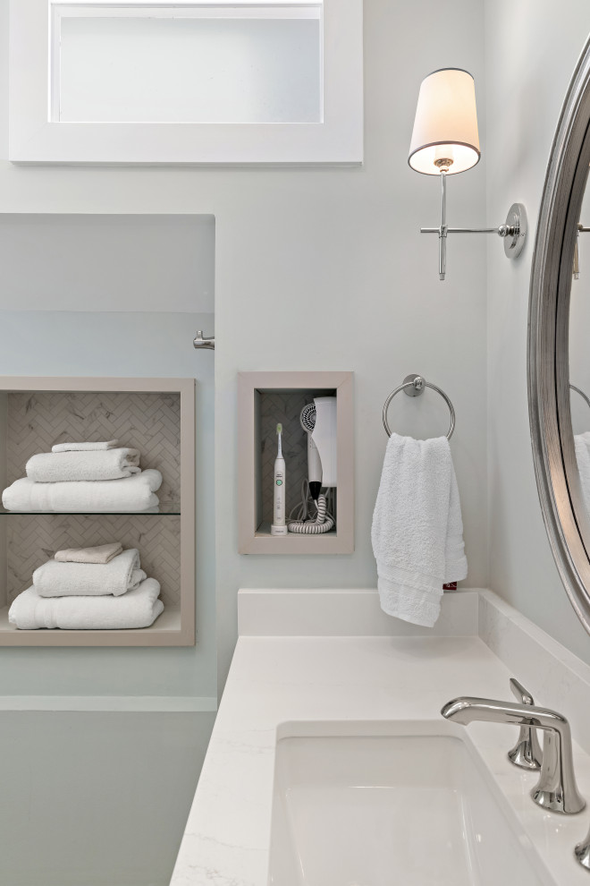 Inspiration for a small modern kids bathroom in DC Metro with flat-panel cabinets, an alcove shower, a two-piece toilet, cement tile, cement tiles, a vessel sink, quartzite benchtops, a hinged shower door, a shower seat, a single vanity and a built-in vanity.