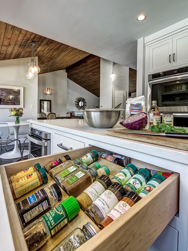 Kitchen - transitional dark wood floor kitchen idea in Denver with a farmhouse sink, shaker cabinets, white cabinets, quartz countertops, stone tile backsplash and an island