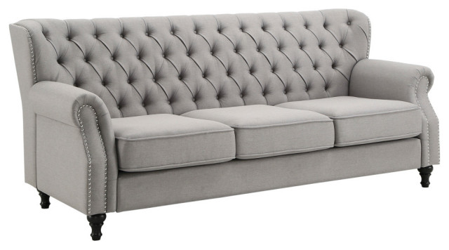 Claridge Grey Button Tufted Sofa with Nailhead Trim