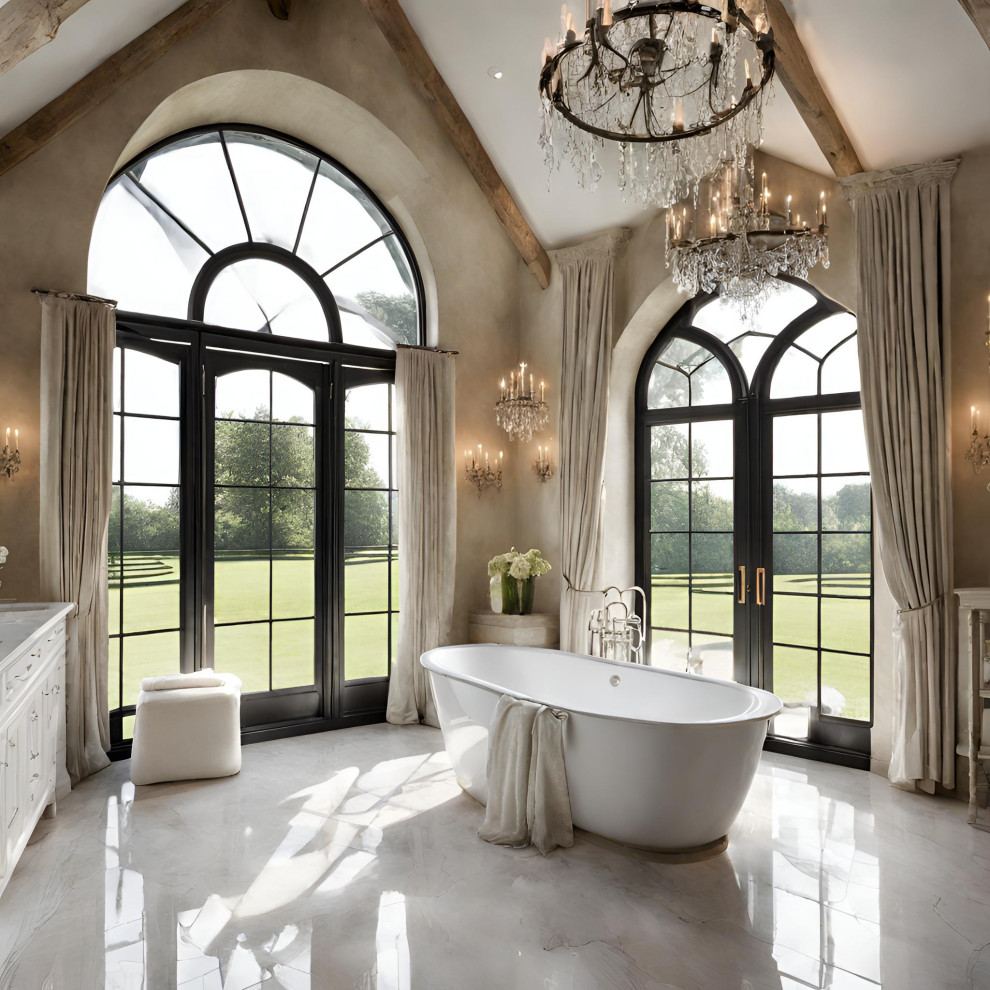 Свежая идея для дизайна: большая главная ванная комната в современном стиле с отдельно стоящей ванной, мраморным полом, столешницей из гранита, серым полом, тумбой под две раковины и балками на потолке - отличное фото интерьера