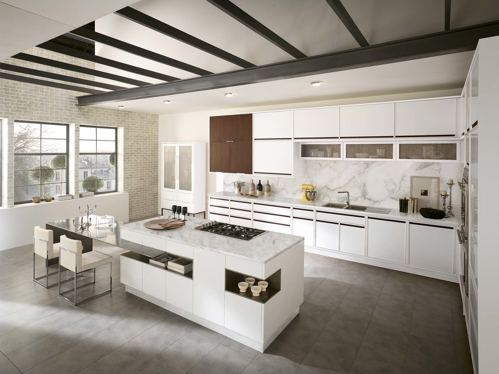 Open concept kitchen - transitional l-shaped open concept kitchen idea with flat-panel cabinets and an island