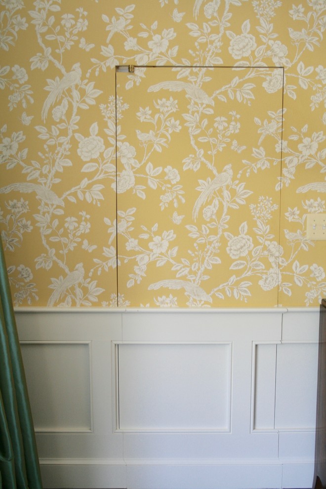 Dining room - large eclectic dark wood floor dining room idea in DC Metro with yellow walls