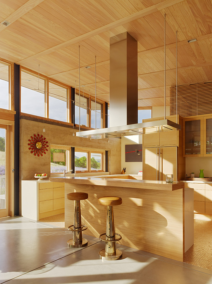 This is an example of a contemporary kitchen in San Francisco with glass-front cabinets, panelled appliances and light wood cabinets.