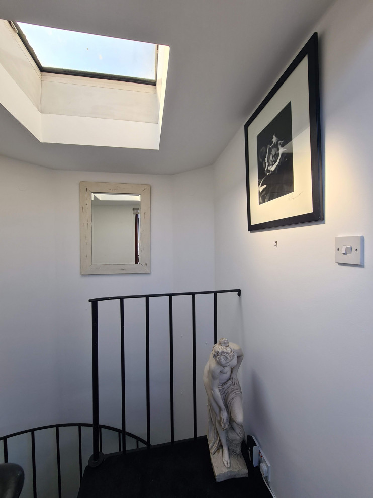 Источник вдохновения для домашнего уюта: маленький коридор: освещение в стиле модернизм с белыми стенами, ковровым покрытием, черным полом, многоуровневым потолком и любой отделкой стен для на участке и в саду
