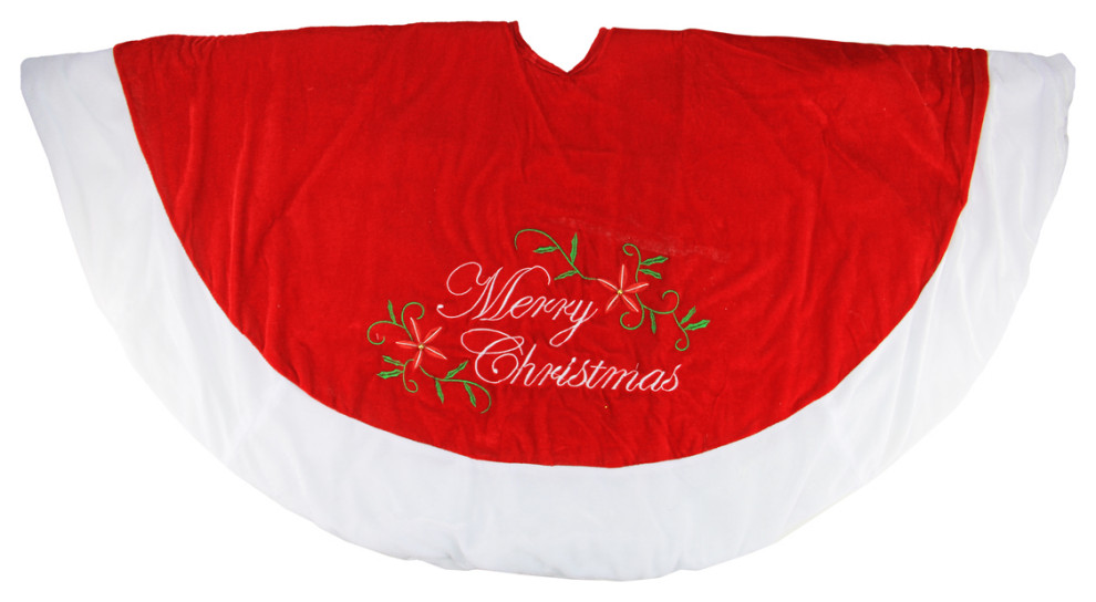 48" Traditional Red Embroidered Velvet Merry Christmas Tree Skirt