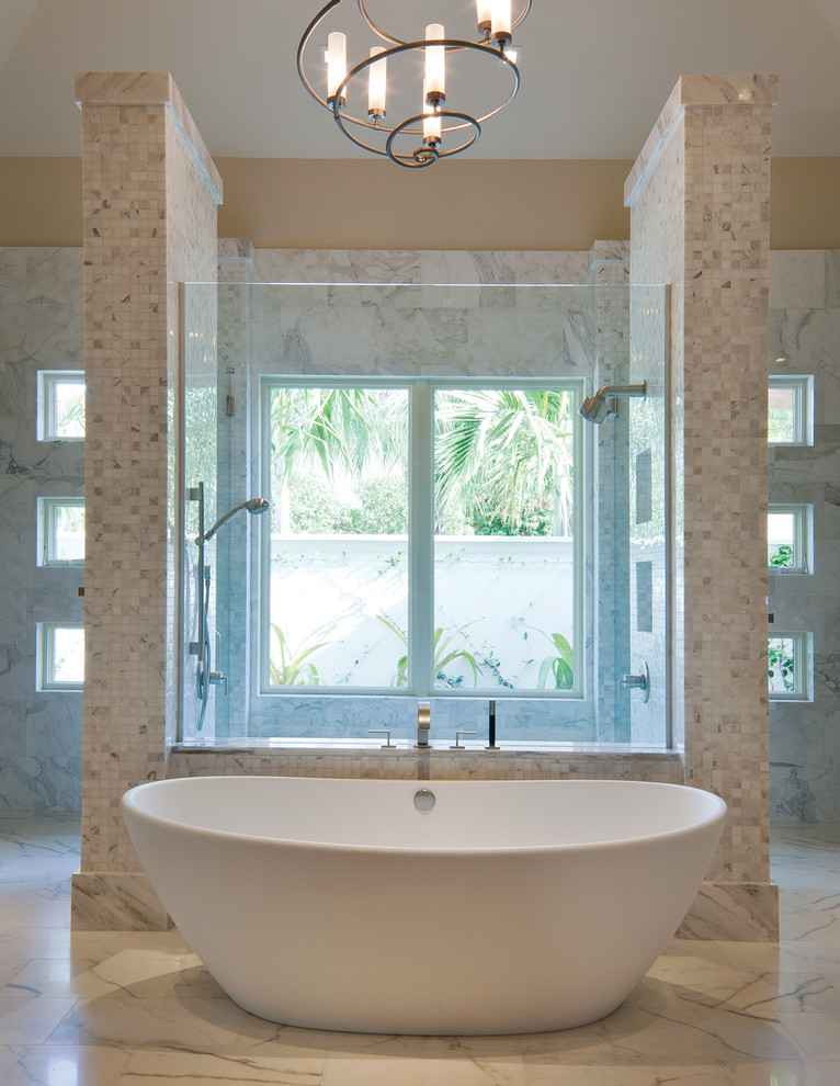 Freestanding bathtub - large transitional master beige tile and stone tile marble floor freestanding bathtub idea with beige walls