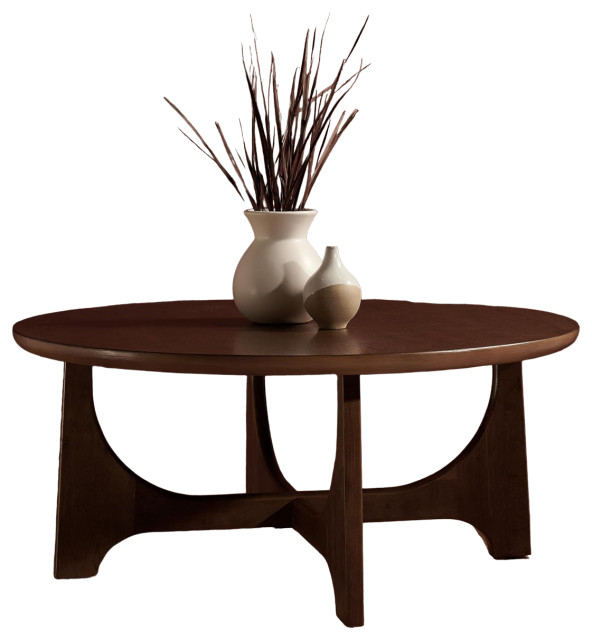 Retro Modern Coffee Table, Unique Crossed Base With Round Table, Medium Oak