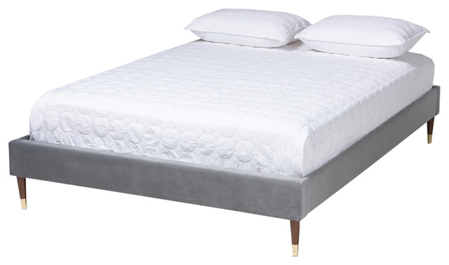 Modern Charcoal Velvet Fabric, Queen Size Modern Platform Bed