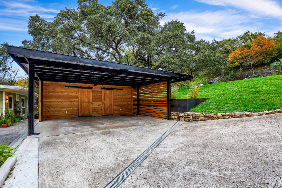 Large contemporary detached two-car carport in Austin.