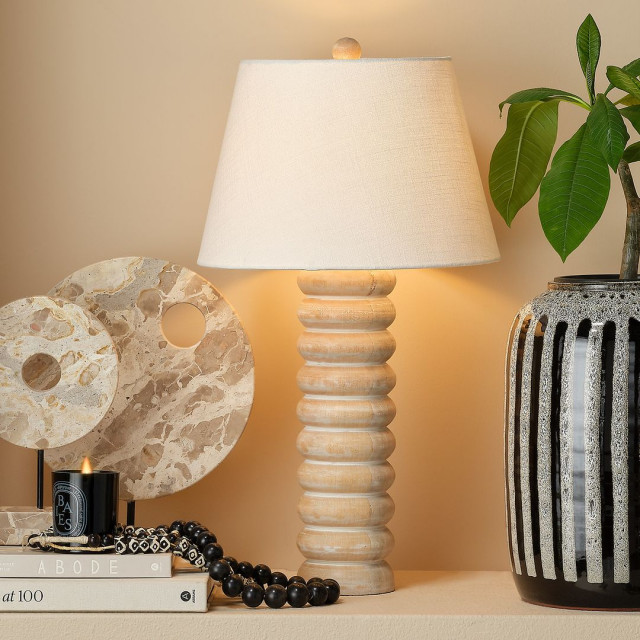 Thick Ribbed Bleached Wood Tall Cylinder Table Lamp 30 in Natural ...