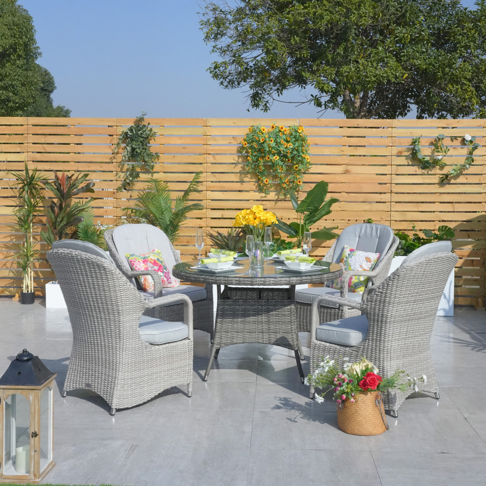 4-Person Round Wicker Outdoor Dining Set with Cushions - Tropical ...