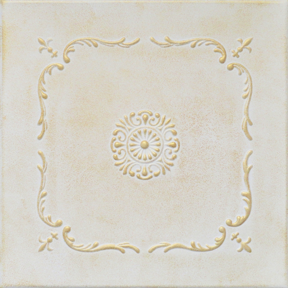 19.6"x19.6" Styrofoam Glue Up Ceiling Tiles R43 White Satin Washed Gold