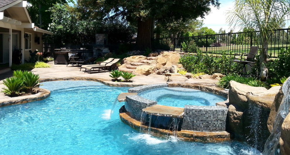 Design ideas for a mid-sized traditional backyard custom-shaped natural pool in Boise with a water feature and concrete pavers.