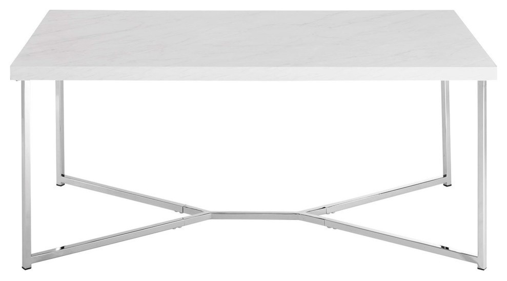 42" Rectangular Coffee Table in White Faux Marble with Chrome Metal Base Contemporary Coffee