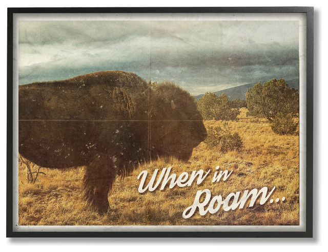 When In Roam Buffalo in a Field Western Scene Postcard Framed Giclee, 16"x20"