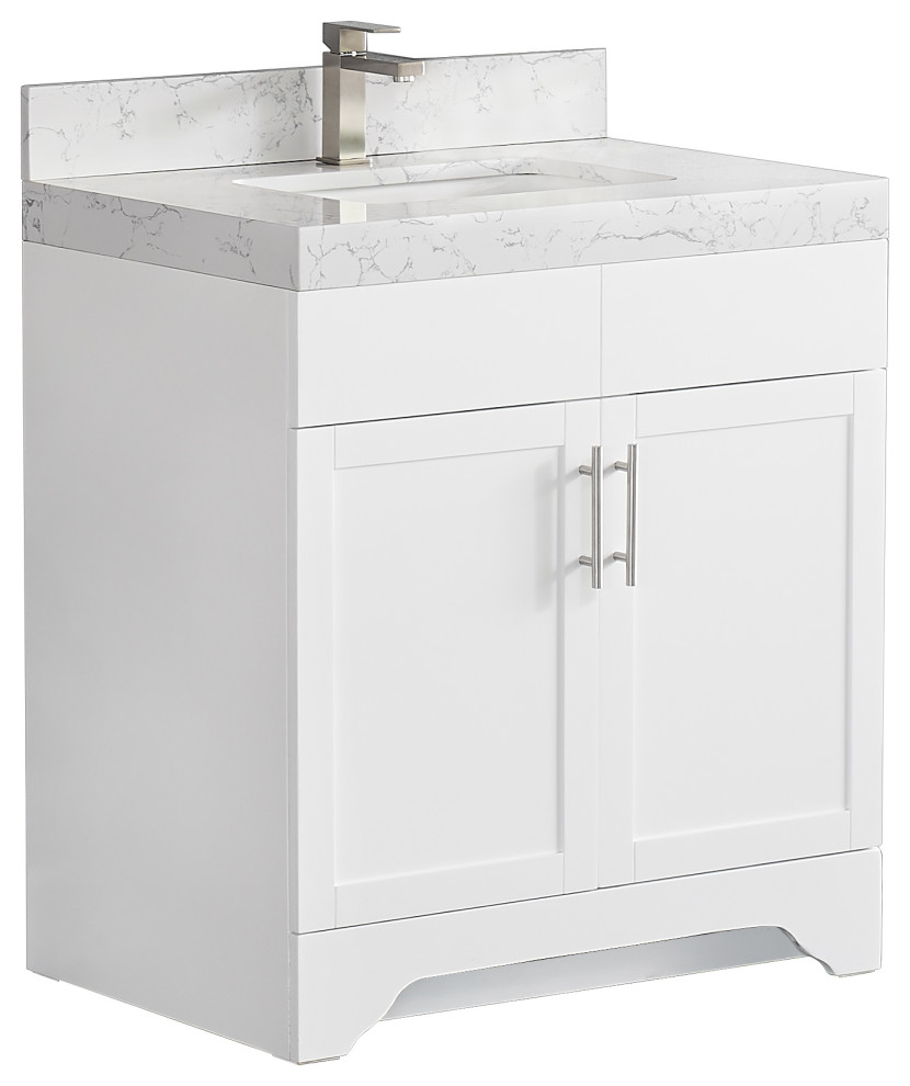 30" Vanity Wood Body and Quartz White With Mirror, No Backsplash ...