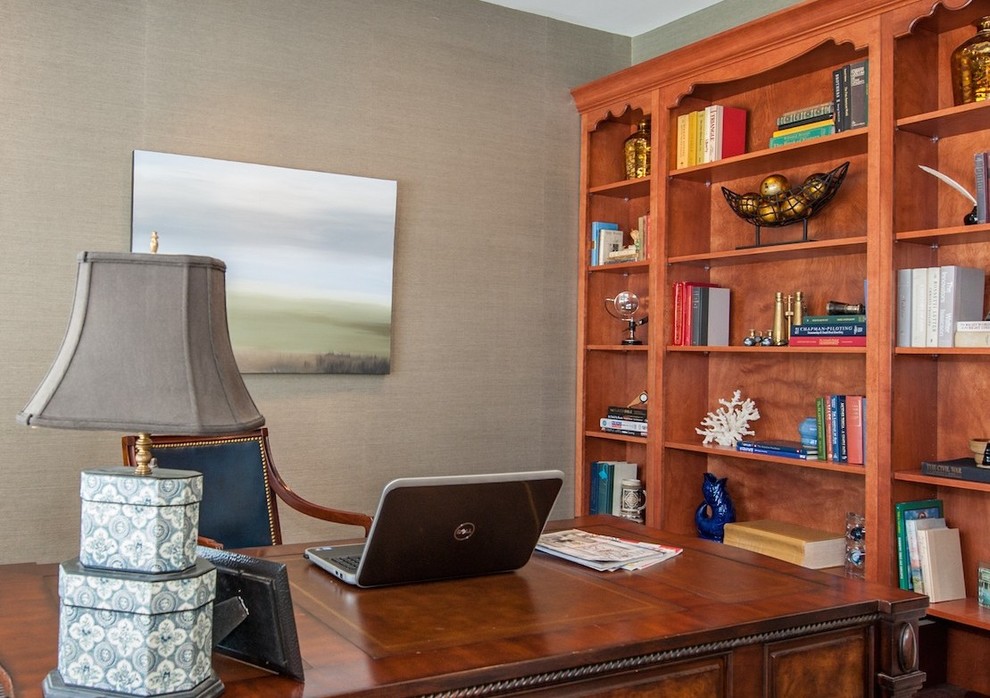 Mid-sized traditional study room in DC Metro with a freestanding desk, carpet, no fireplace and grey walls.