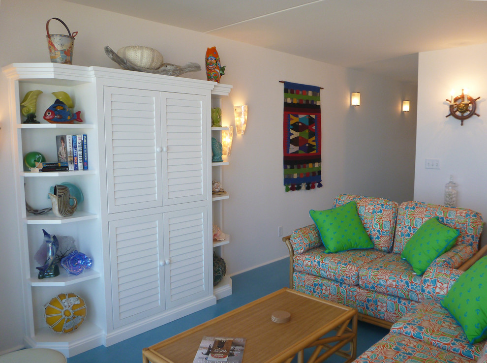 Small beach style open concept family room in Other with white walls, linoleum floors, no fireplace and a concealed tv.