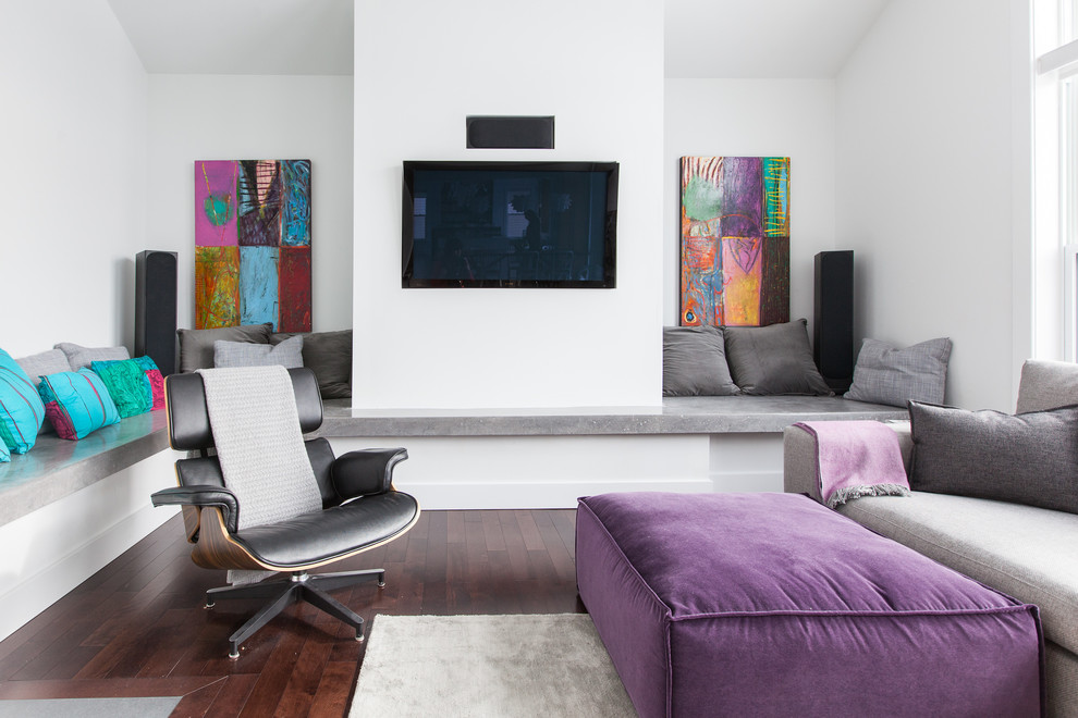 Design ideas for a contemporary living room in Other with white walls and a wall-mounted tv.