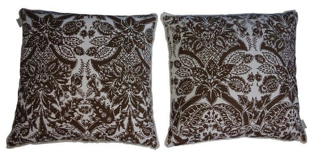 Pre-owned White and Brown Graphic Floral Pillows- Pair