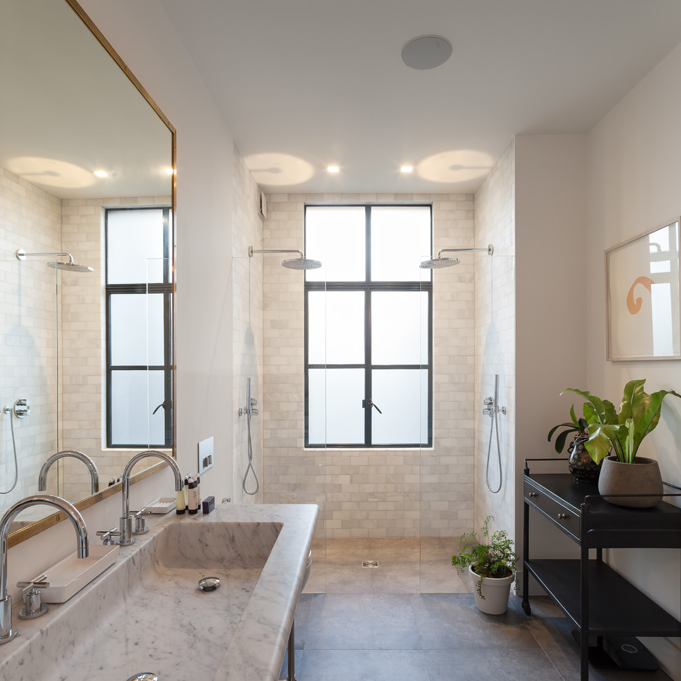 Inspiration for a mid-sized transitional master bathroom in Surrey with white walls, marble benchtops, grey floor, an open shower, beige tile and subway tile.