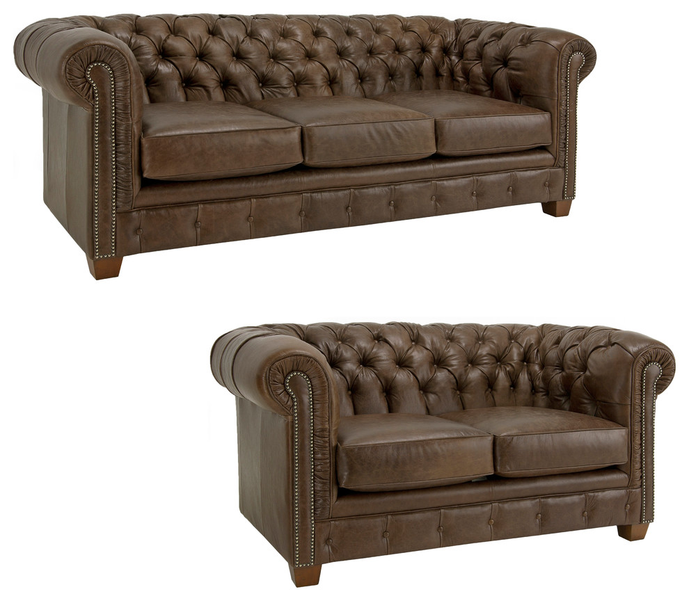 Hancock Tufted Distressed Brown Italian Chesterfield Leather Sofa and Loveseat