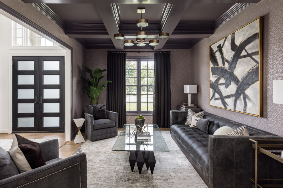 This is an example of a classic formal living room in Houston with a coffered ceiling and wallpapered walls.