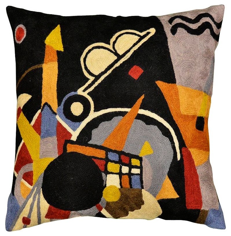 Kandinsky Grand Torre Kiev Black Pillow Cover Hand Embroidered Wool 18x18"