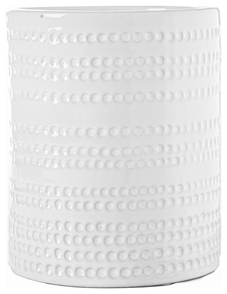 Round Ceramic Utensil Jar with Banded Pressed Dotted Design Gloss White