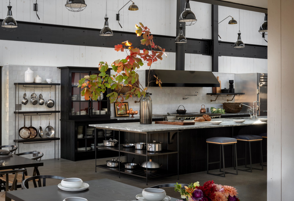 Inspiration for a country kitchen in New York with an undermount sink, recessed-panel cabinets, soapstone benchtops, terra-cotta splashback, stainless steel appliances, concrete floors, with island and timber.