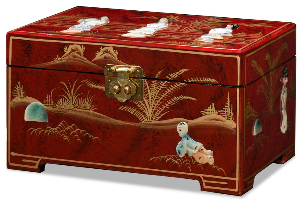 Bird Maroon Red Lacquer With Floral Asian Jewelry Box With Folding Mirror And Butterfly Motif In Gold Paint