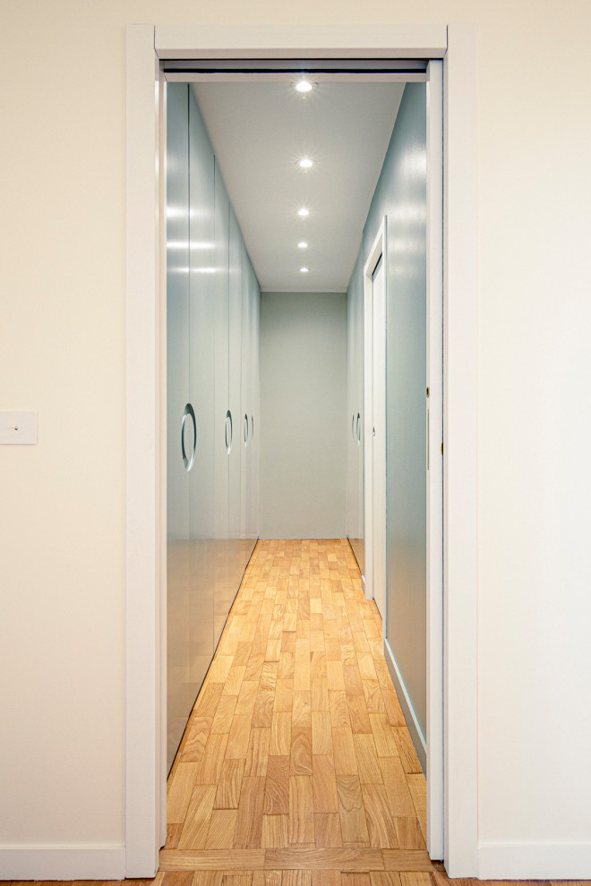 Imagen de armario vestidor unisex actual de tamaño medio con armarios con rebordes decorativos, puertas de armario verdes, suelo de madera clara y suelo marrón